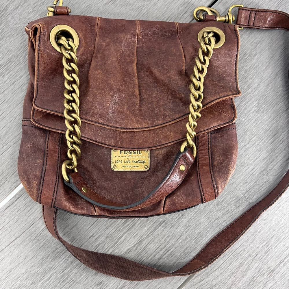 Fossil Brown Leather Chain Crossbody Shoulder Bag Boho - Picture 7 of 10